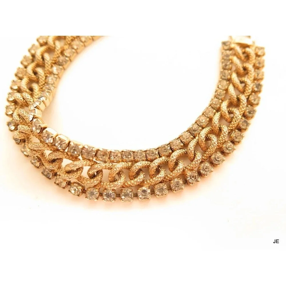 Triple‎ Row Vintage Clear Rhinestone Gold Plated Chain Link Center Bracelet*A717